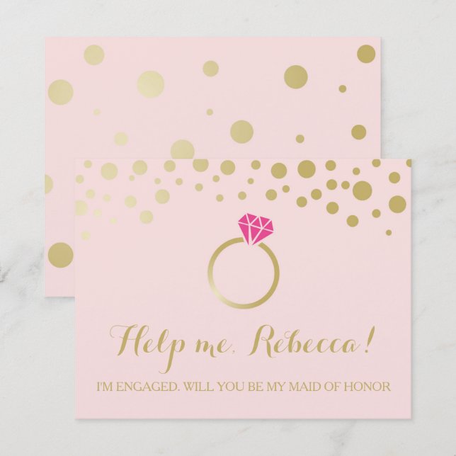 Invitation Funky BRIDESMAID PROPOSAL card ~ Rose & Faux Gold (Devant / Derrière)