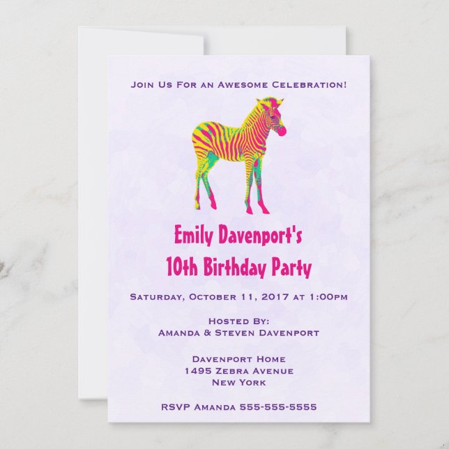 Invitation funky d'anniversaire bébé zèbre néon ps (Devant)
