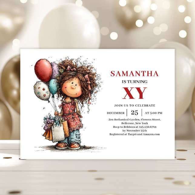 Invitation funky d'anniversaire pour une fille ori (Quirky Whimsical Girl Birthday Funky invitation)