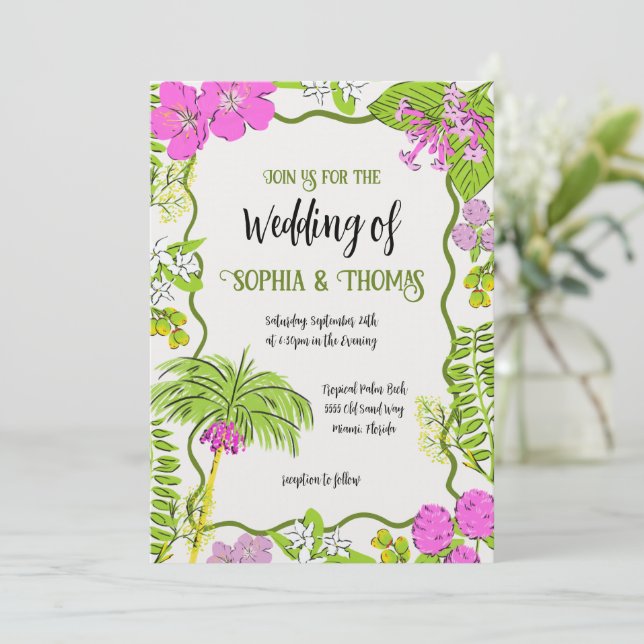Invitation Funky Draky Tropical Floral Mariage (Debout devant)