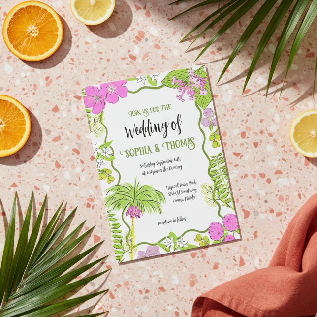 Invitation Funky Draky Tropical Floral Mariage (Tropical Hand Drawn Pink and Green Invitation)