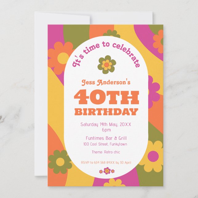 Invitation Funky floral fête du 40e anniversaire (Devant)