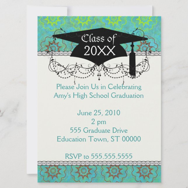 Invitation funky green shabby chic graduation (Devant)
