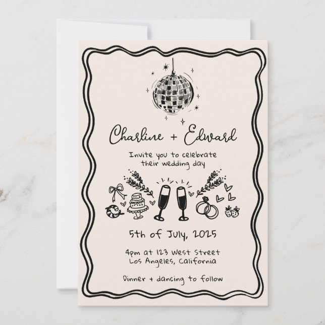 Invitation Funky manuscrit Wavy Border Disco Mariage (Devant)