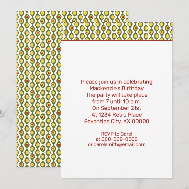 Invitation Funky Retro Olive Perle Motif Couleurs Personnalis (Devant / Derrière)