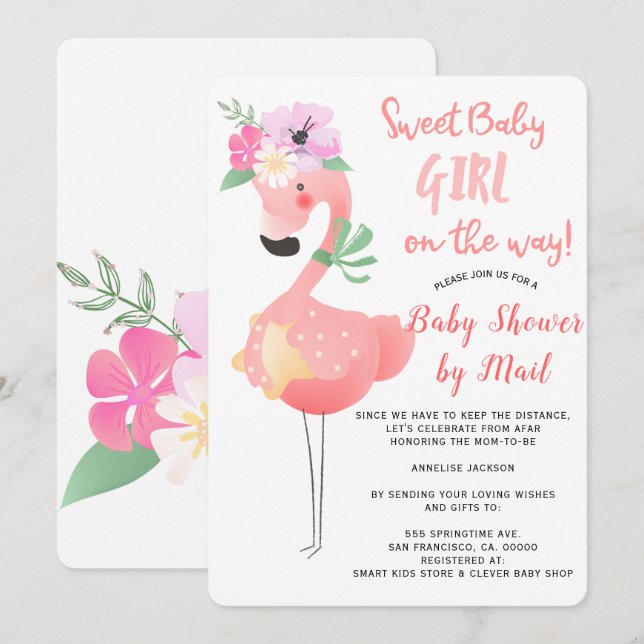 Invitation Funky rose flamingo baby shower par mail (Devant / Derrière)