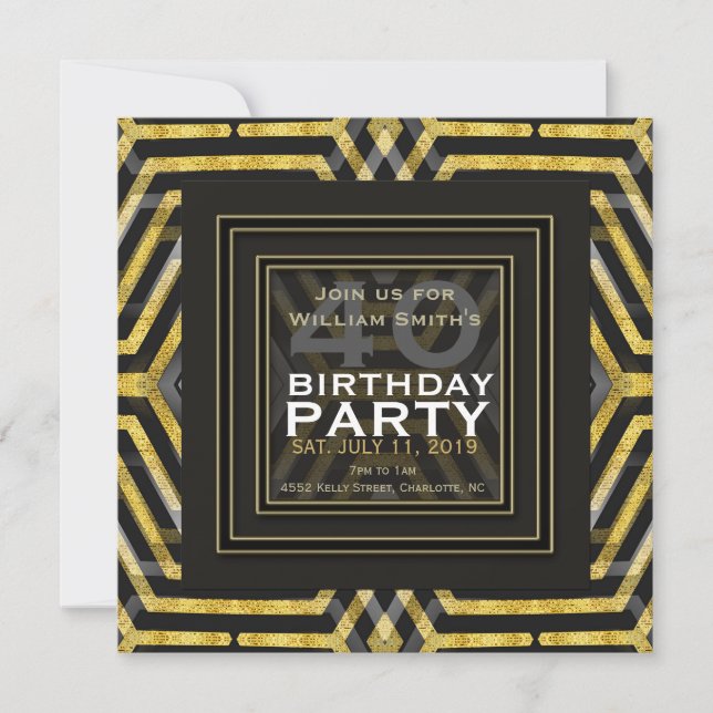 Invitation Funky Scifi Black Gold Geometry 40e anniversaire (Devant)