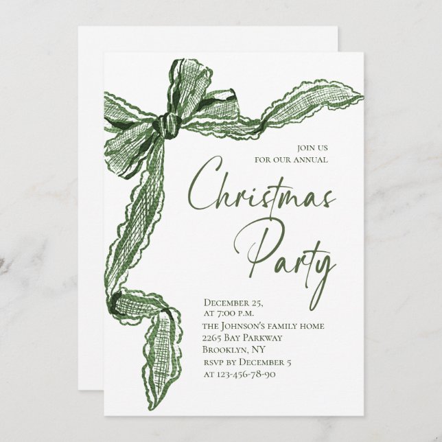 Invitation Funky Whimsical Christmas Green Bow Holiday Party (Devant / Derrière)