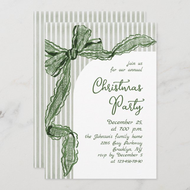 Invitation Funky Whimsical Christmas Green Bow Holiday Party (Devant / Derrière)