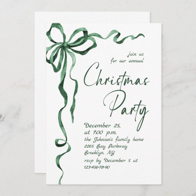 Invitation Funky Whimsical Christmas Green Bow Holiday Party (Devant / Derrière)