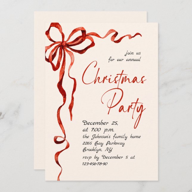 Invitation Funky Whimsical Christmas Red Bow Holiday Party (Devant / Derrière)