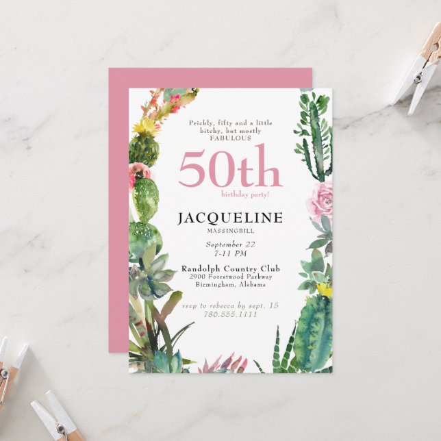 Invitation Funny 50e Cactus Prickly, Bitchy & Fabuleux (Devant/Arrière en situation)