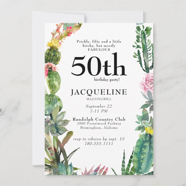 Invitation Funny 50th Cactus Prickly, Bitchy & Fabuleux Blanc (Devant)