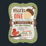 Invitation Funny Acorn ; Fête d'anniversaire de l'écureuil de<br><div class="desc">Fantaisie, acné, et écureuil forêt thème animal enfants, fête d'anniversaire invitation sur motif feuille verte sauge. Les couleurs sont le vert, le marron, l'orange et le blanc. Un et 1er anniversaire peut être personnalisé à d'autres anniversaires pour les tout-petits, les enfants, ou les bébés, bébé. Grand invitation que pour les...</div>