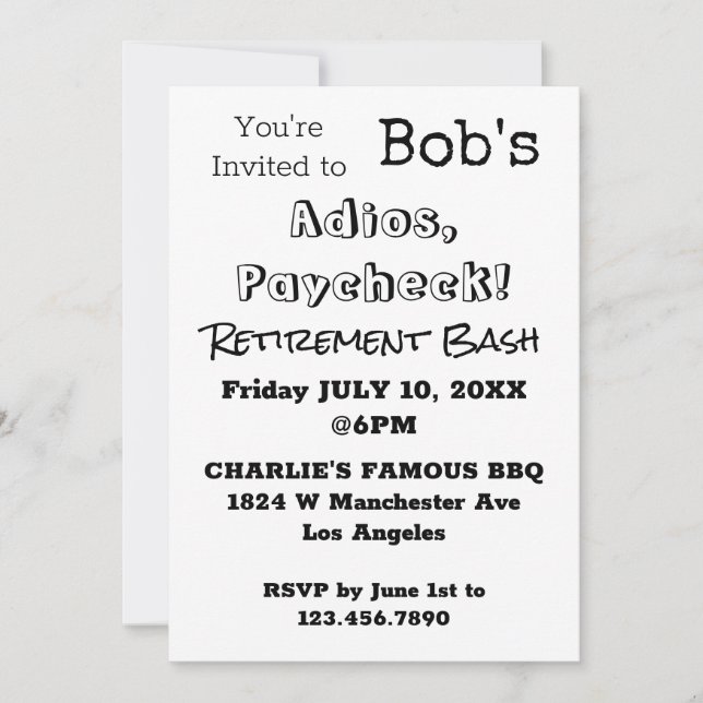 Invitation FUNNY Adios, Paycheck Papa Retraite Party (Devant)