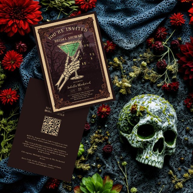 Invitation Funny and Sophisticated Halloween Gothic Cocktail  (Funny and Sophisticated Gothic Halloween Cocktail for Bridal Shower Invitation Cards with QR Code.)