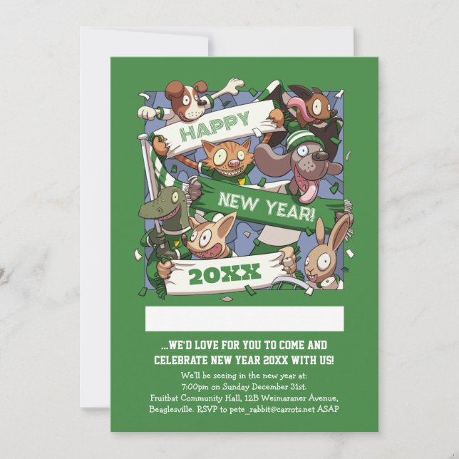 Invitation Funny Animals New Year's Party Sports Fans Cartoon (Devant)