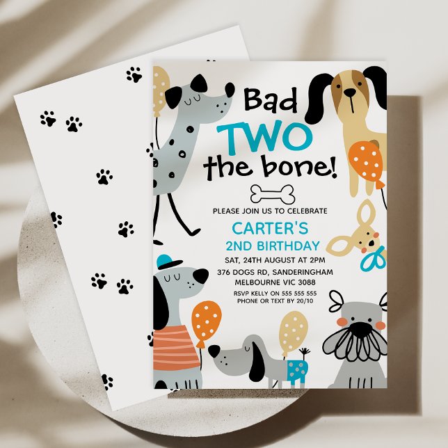 Invitation Funny Blue Bad Two The Bone Dogs 2e anniversaire (Editable Dog Bad 2 the Bone Birthday Invitation, Bad Two the Bone Birthday Invitation Template, Dogs)