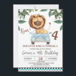 Invitation Funny Boys Roar Lion Crown King 4e anniversaire<br><div class="desc">Funny Boys Roar Lion Crown King 4th Birthday Invitation Cute et drôle petit garçon de notre petit roi lion thème quatrième anniversaire invitation avec un lion rugissant,  couronne,  voiture bleue et feuillage de jungle tropicale. Ce petit roi tourne l'invitation de 4 ans avec un motif tribal.</div>