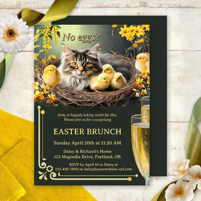Invitation Funny Chat Pas d'oeufs Boules de Pâques et Brunch (Funny Bubbles & Brunch Easter invitation featuring a cute kitty taking care of baby chicks)