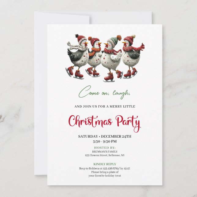 Invitation Funny Chickens Festive Red Green Holiday Invites (Devant)