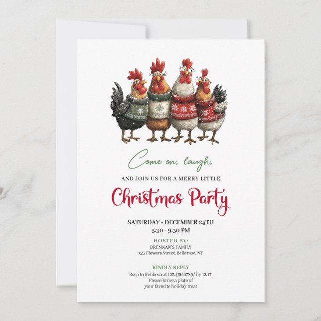 Invitation Funny Chickens Minimalist Red Green Holiday Invite (Devant)