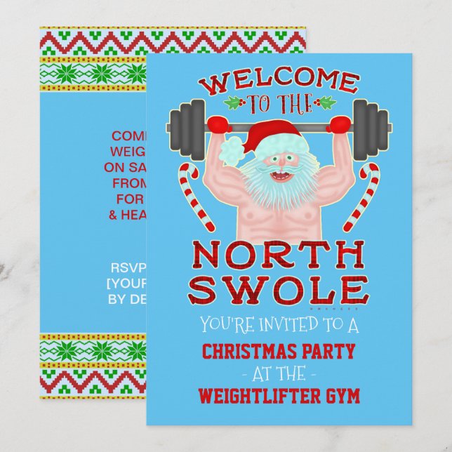 Invitation Funny Christmas Swole Père Noël Weightlifter Gym P (Devant / Derrière)