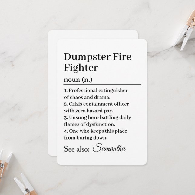 Invitation Funny Dumpster Fire Fighter Definition Card (Devant/Arrière en situation)