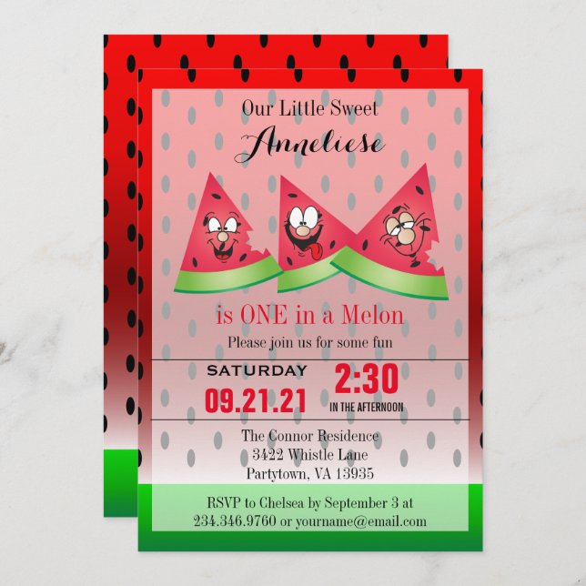 Invitation Funny Face Watermelon Enfant's 00th Birthday (Devant / Derrière)