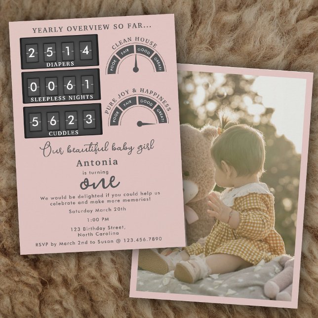 Invitation Funny First Birthday Baby Girl Cute Stats Photo (Funny First Birthday Baby Girl Cute Stats Photo Invitation)