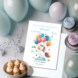 Invitation Funny Flying Unicorn Rainbow Colors 1er anniversai