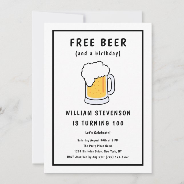 Invitation Funny Free Beer Joke Simple Man 100th Birthday (Devant)