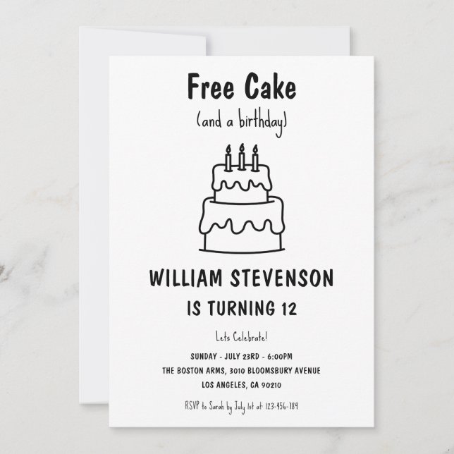 Invitation Funny Free Cake Joke Simple Quirky 12e anniversair (Devant)