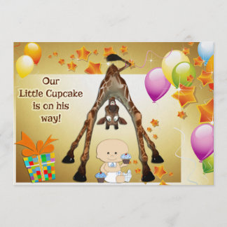 Invitation Funny Giraffe, Baby Boy and Cupcakes Baby shower