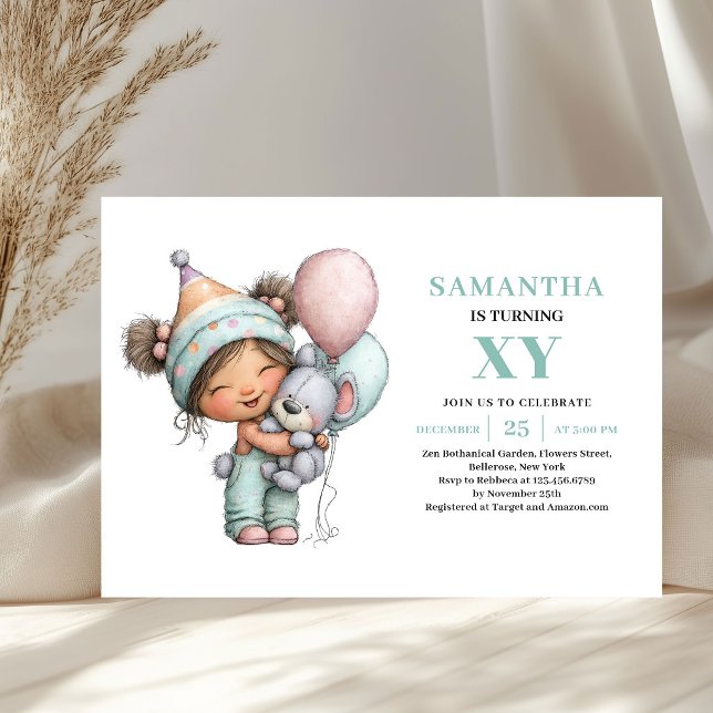 Invitation Funny Girl 3e Anniversaire Pastel Viole (Funny Girl 3rd Birthday Pastel Purple Green invitation)