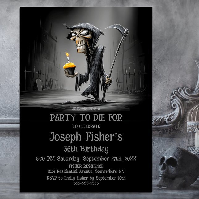 Invitation Funny Grim Reaper with Cupcake Birthday Party (Créateur téléchargé)