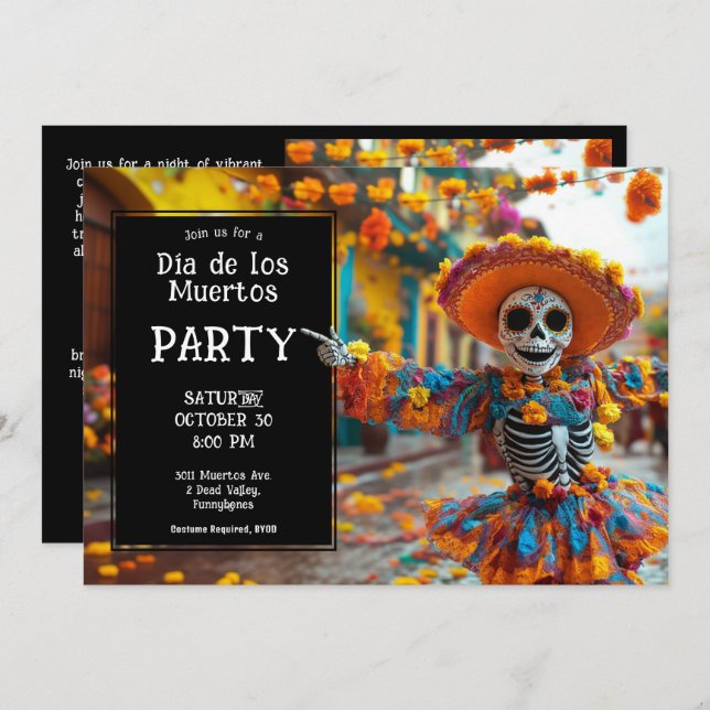 Invitation 💀 Funny La Calavera en casquette avec des fleurs (Devant / Derrière)