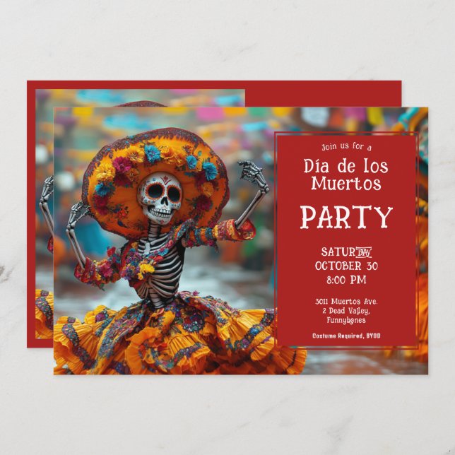 Invitation 💀 Funny La Calavera en robe orange (Devant / Derrière)