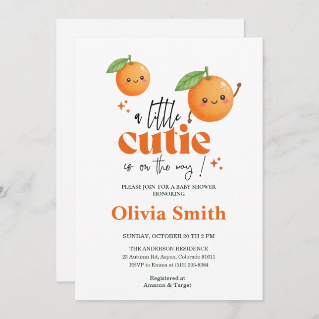 Invitation funny Little Cutie orange baby shower (Devant / Derrière)