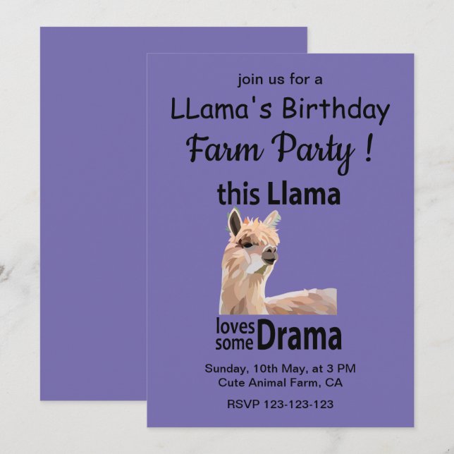 Invitation Funny Llama Animal Anniversaire de la ferme (Devant / Derrière)