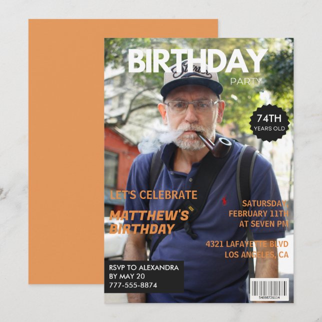 Invitation Funny Magazine Editorial Photo 74e anniversaire (Devant / Derrière)