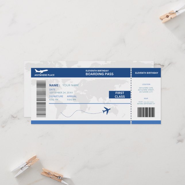 Invitation Funny passport, boarding pass ticket 11th birthday (Devant/Arrière en situation)