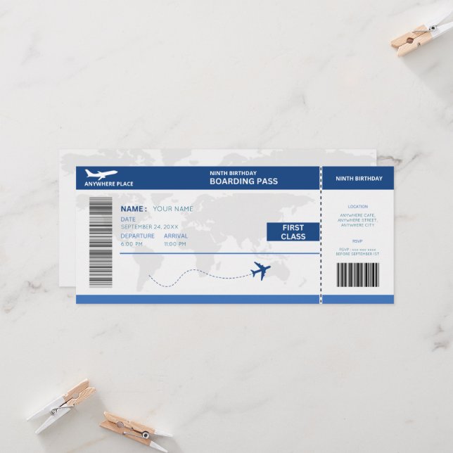 Invitation Funny passport, boarding pass ticket 9th birthday (Devant/Arrière en situation)