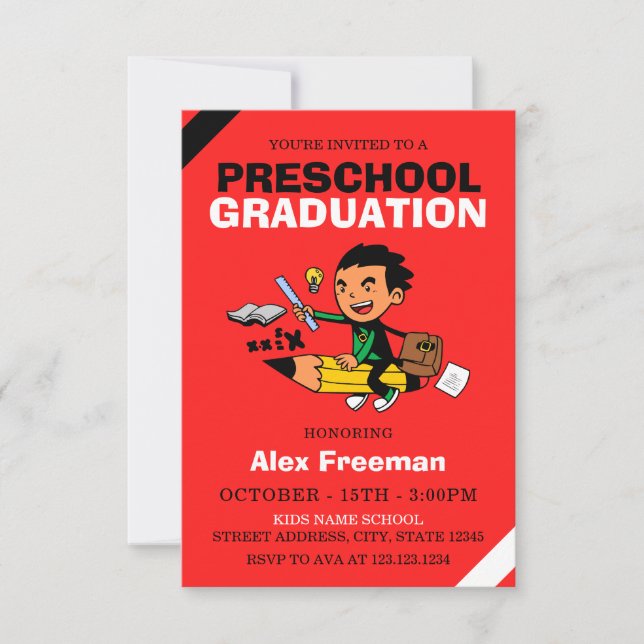 Invitation Funny Red Boy Preschool Graduol (Devant)