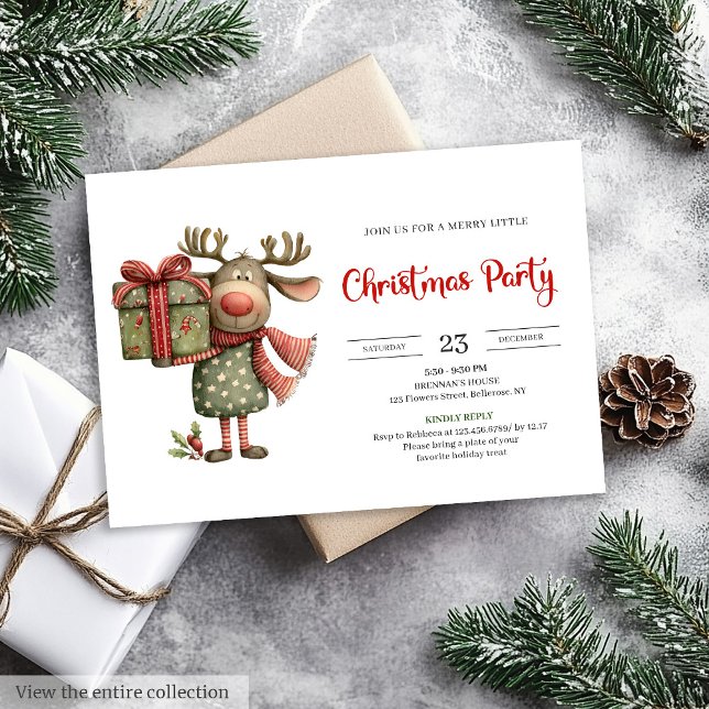 Invitation Funny Reindeer red green printable Christmas  (Funny Reindeer red green printable Christmas invite)