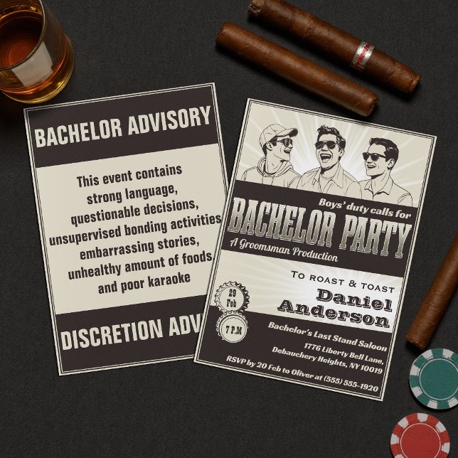 Invitation Funny Retro Vintage Monochrome Bachelor Party (Créateur téléchargé)
