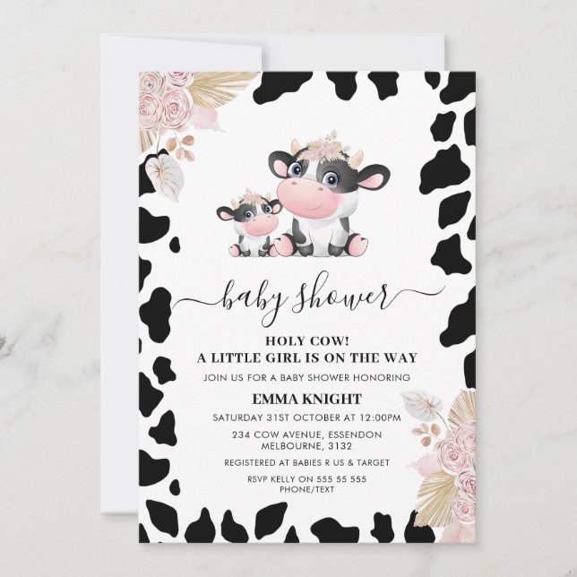 Invitation Funny rose Floral Saint Vache Baby shower d'impres (Devant)
