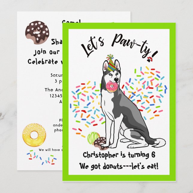 Invitation Funny Siberian Husky Donuts fête d'anniversaire (Devant / Derrière)
