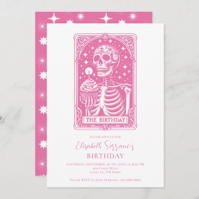 Invitation Funny Tarot Pink Birthday (Devant / Derrière)