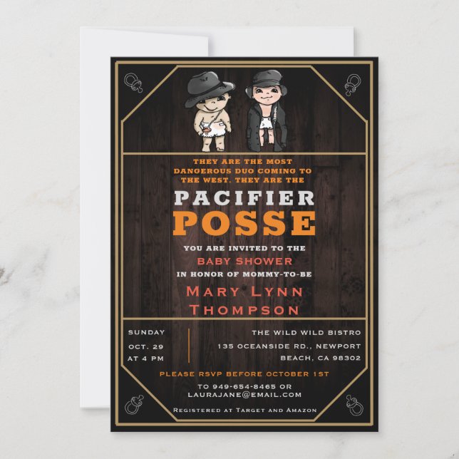 Invitation Funny Twins Pacifier Posse Wild West Baby shower (Devant)